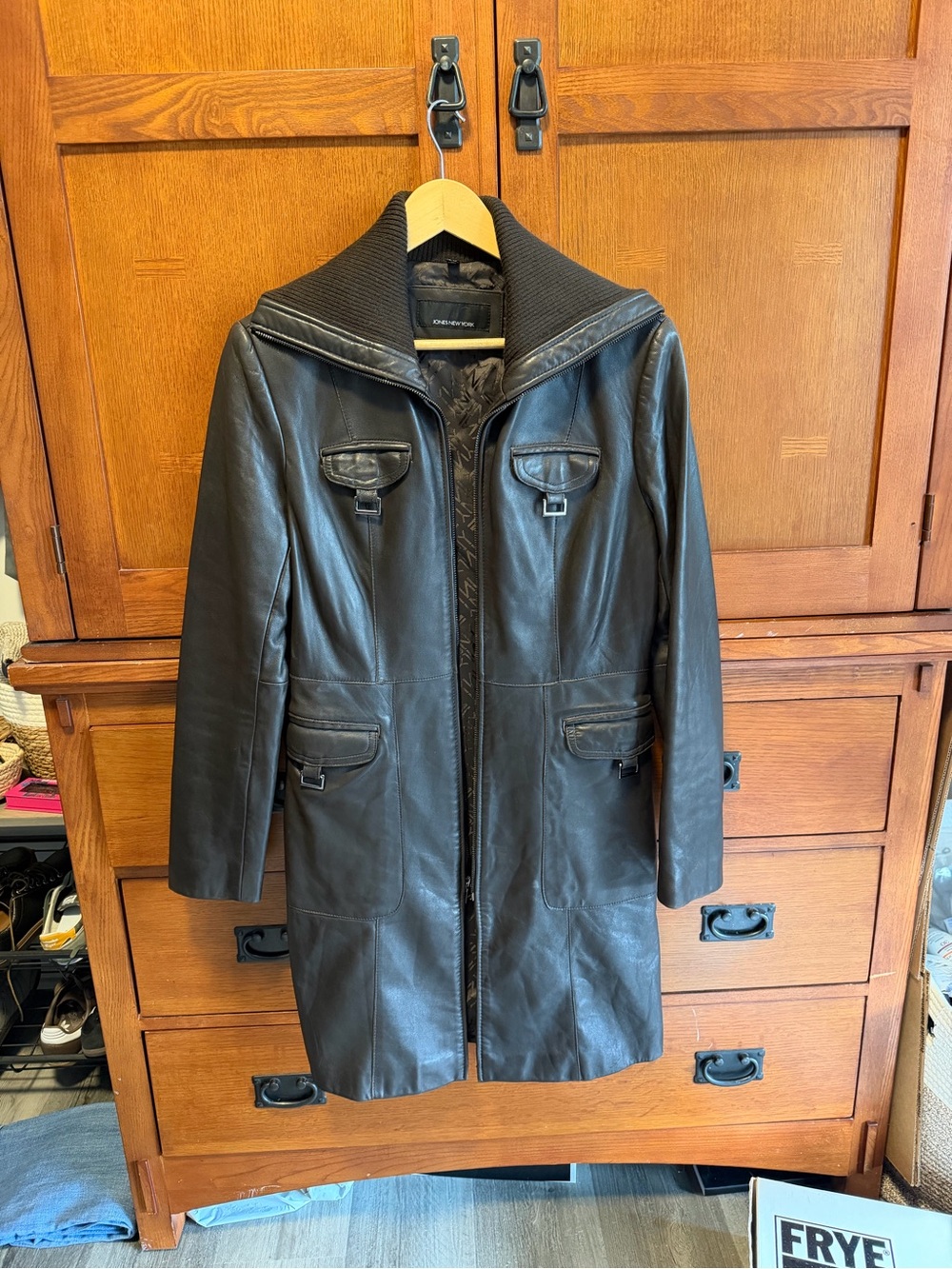 Vtg Jones New York Brown Leather Long Coat